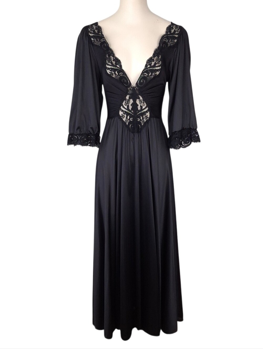 Olga vintage maxi nightgown lingerie slip dress lace long 3/4 sleeve black 92470